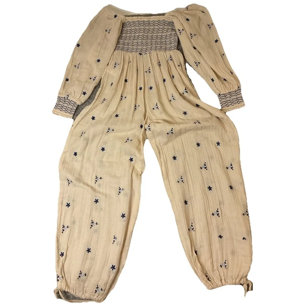 NWT Free People Dahlia WideLeg Floral Embroidered Ribbed 100% Cotton Jumpsuit XS - Picture 3 of 14